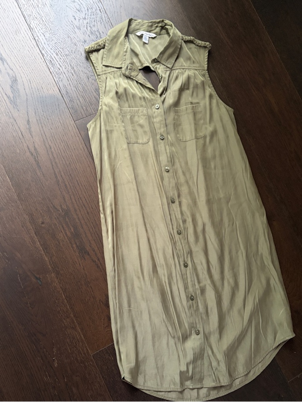 Sleeveless Button-Front Shirt Dress in Olive Green
